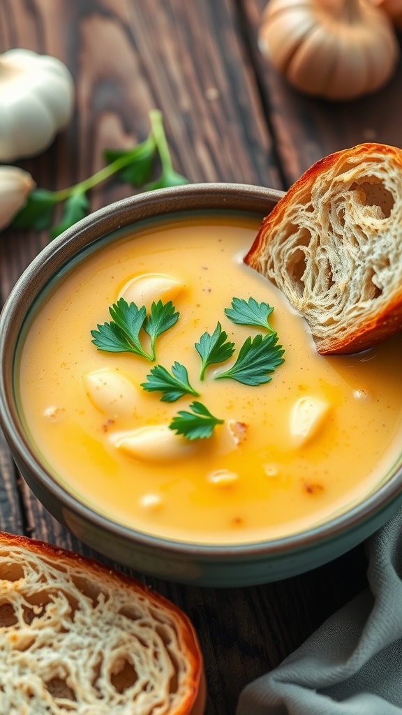 A creamy bowl of 60 clove garlic soup, garnished with parsley and served with crusty bread.
